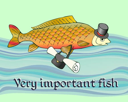 Very important fish with document in bag and in hat on head. Fun picture.のイラスト素材