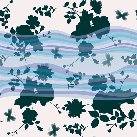 Seamless abstract floral pattern with silhouette of gardening flowers and butterflies on waves background.のイラスト素材