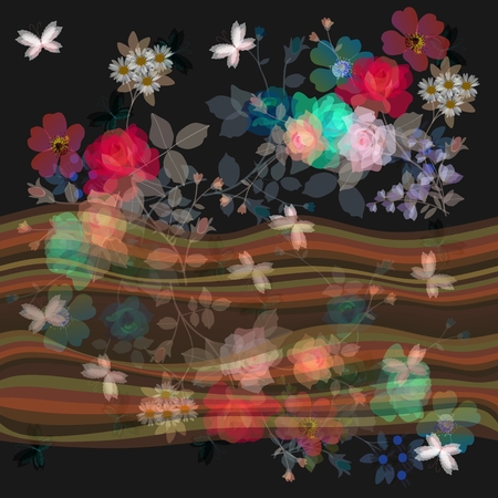 Seamless floral border with waves and transparency bouquets of gardening flowers. Vector summer design.のイラスト素材