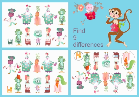 Find differences. Visual game for children and adults with cheerful unusual characters.
Funny carrot, eggplant, beet, cucumber, strawberry and cat.のイラスト素材