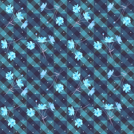 Romantic floral seamless pattern with blue cosmos flowers on checkered background.のイラスト素材