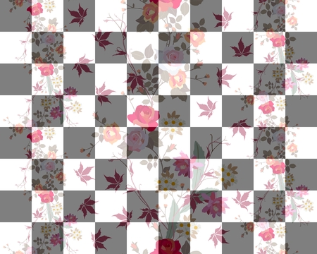 Seamless Bilayer pattern with bouquets of exotic flowers and checkerboard.の写真素材