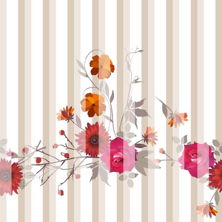 Unusual striped seamless pattern with floral garland. Vector illustration.のイラスト素材