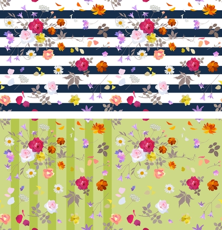 Collection of two seamless striped ditsy floral patterns. Vector summer design.のイラスト素材