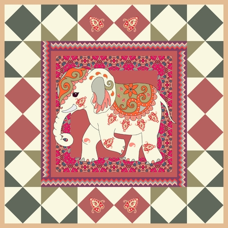 Vintage ethnic pattern with Indian elephant and ornamental geometric border.のイラスト素材
