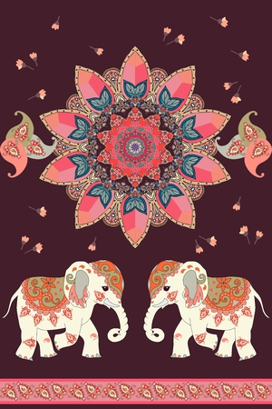 Wonderful ethnic vintage ornament with sun mandala, indian elephants, little flowers and paisley frame. Beautiful vector illustration. Retro design.のイラスト素材
