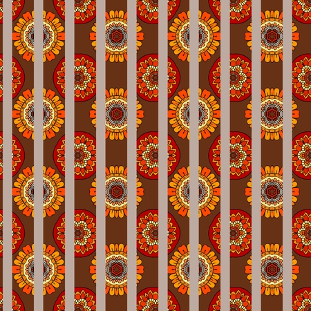 Seamless print for fabric with bright mandalas flowers and stripes on brown background.のイラスト素材