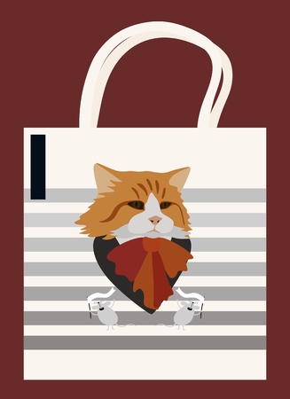 Eco bag with cat and mouses on striped background. Vector illustration.のイラスト素材