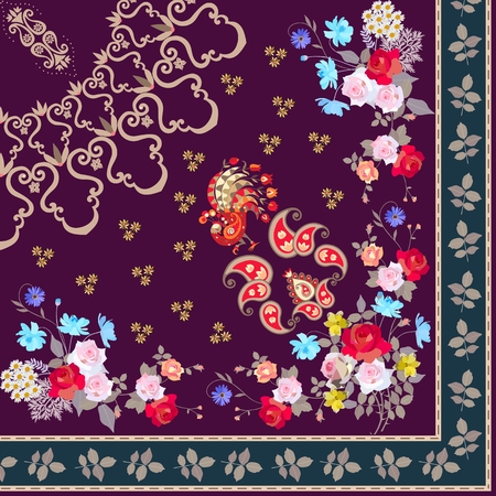 Quarter indian shawl with beautiful flowers, fairy peacock, paisley ornament and decorative frame.のイラスト素材