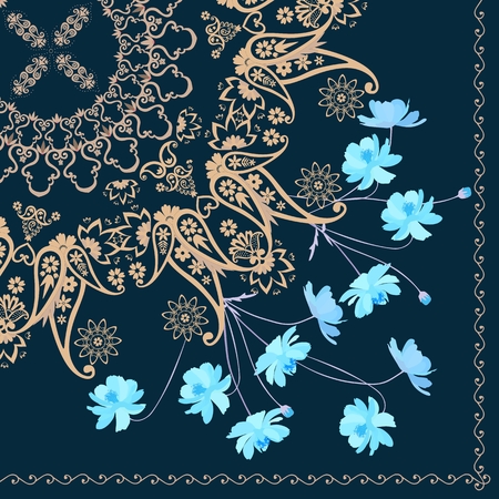Quarter shawl with paisley ornament and blue cosmos flowers. Indian, russian motives. Vecotr summer design.のイラスト素材