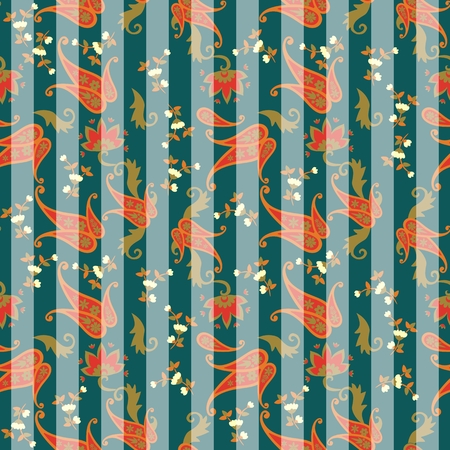 Buta seamless striped pattern with beautiful small flowers on green background. Paper, wallpaper, print for fabric. Vector illustration.のイラスト素材