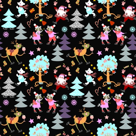 Seamless christmas print for fabric with deer Rudolph, Santa Claus, polar bear and cute raccoons. Beautiful vector illustration.のイラスト素材