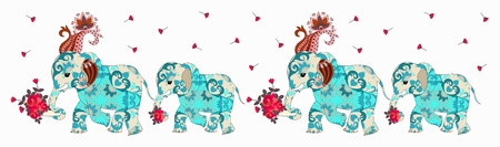 Endless border with cute indian elephants in folk style. Beautiful vector illustration.のイラスト素材