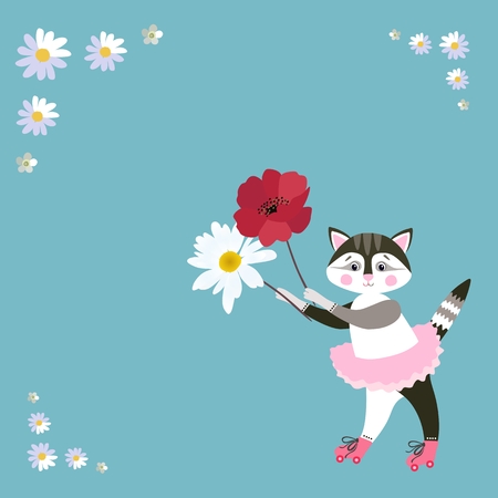 Little cat in pink ballet tutu on roller skates with poppy and daisy in hands. Greeting card, invitation. Space for text. Vector summer design.のイラスト素材