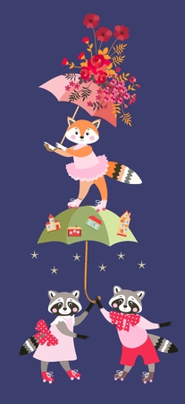 Cute cartoon little raccoons and fox with fairy umbrellas isolated on dark blue background.  Greeting card, invitation for baby. Beautiful vector illustration.のイラスト素材