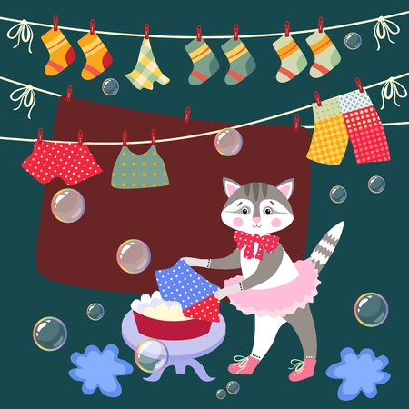 Cute kitty washes clothes. Vector illustration. Beautiful card with lovely animal and bubbles.のイラスト素材