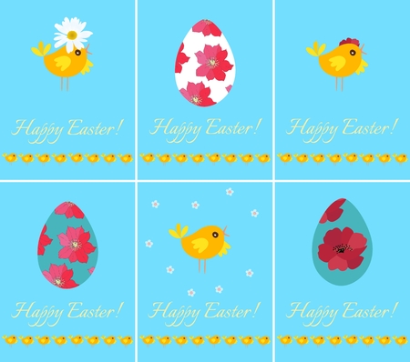Set of beautiful Happy Easter greeting cards with eggs and chicks on sunny blue background.のイラスト素材