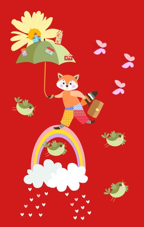 Cute little fox with fairy umbrella walk on rainbow. Beautiful greeting card or invitation. Vector summer design.のイラスト素材