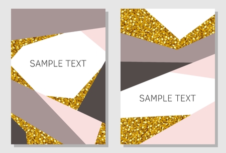 Set of two abstract design templates with gold glitter texture. Invitation or greeting card, posters, covers.のイラスト素材