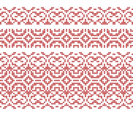 Cross stitch seamless borders. Embroidered ethnic ornament. Vector illustration.のイラスト素材