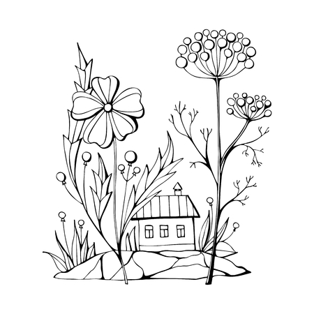 Coloring book with tiny fairy house under big beautiful flowers. Vector illustration.のイラスト素材
