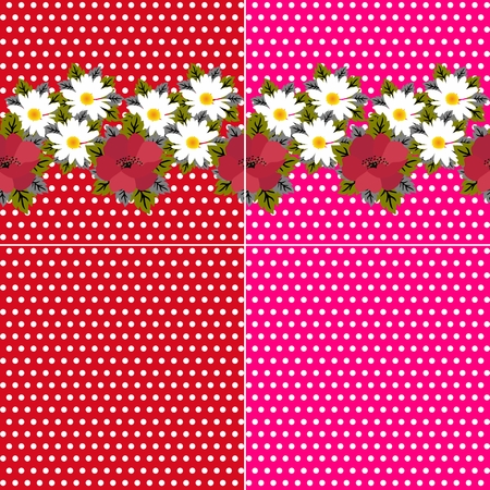 Set of floral and polka dot patterns in red and pink colors in vector.のイラスト素材