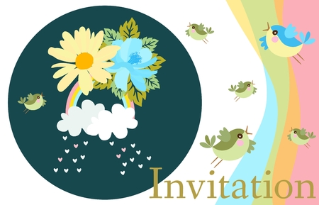 Horizontal template of invitation card with funny birds, clouds, rainbow, hearts, garden flowers. Beautiful vector illustration.のイラスト素材