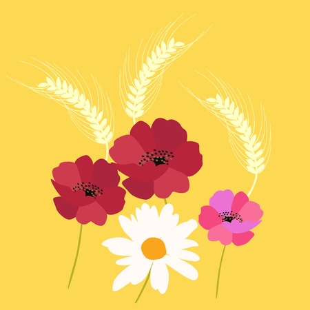 Ears of wheat, poppy and daisy flowers isolated on yellow background. Vector summer design.のイラスト素材