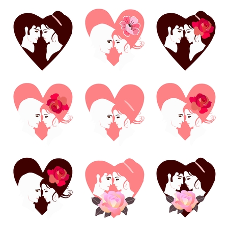 Beautiful set of portraits with loving couples in shapes of heart. Collection of Valentine cards. Vector illustration for Valentines day.のイラスト素材