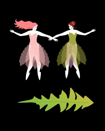 Two beautiful ballerinas in pink and green dress on black background. Fairies of spring and summer. Vector illustrationのイラスト素材