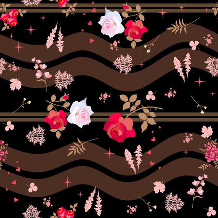Seamless floral striped pattern in vintage style. Pink and red roses, bell flowers and various leaves, hearts and stars. Fashionable vector illustration.のイラスト素材