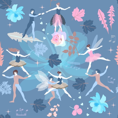 Seamless romantic pattern with fairies and elves, blue cosmos flowers, pink rose and bell flower. Vector illustration.のイラスト素材