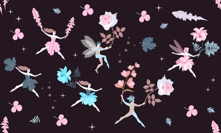 First flight of floral fairies and elves in spring. Magic creatures with beautiful flowers.のイラスト素材
