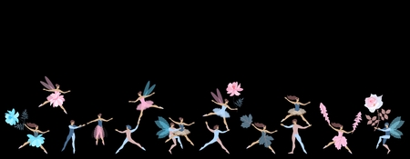 Beautiful endless multi-color border with fairies and elves, leaves and flowers isolated on black background. Vector spring design.のイラスト素材