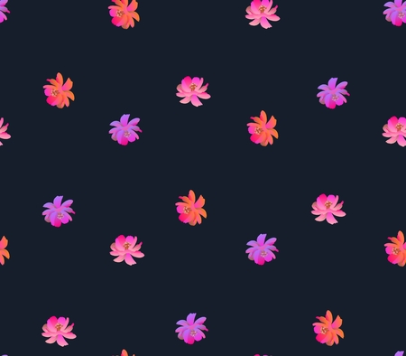 Seamless print for fabric with bright cosmos flowers in watercolor style isolated on dark background. Romantic floral pattern.の写真素材
