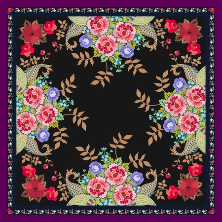 Unique shawl or carpet with bouquets of fantasy flowers, golden leaves and paisley on black background. Vector image.のイラスト素材