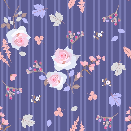 Seamless striped pattern with gentle white roses, little branches with buds of spirea and stylized leaves of viburnum, dandelion, clover on lilac background in vector. Print for fabric, wallpaper.のイラスト素材
