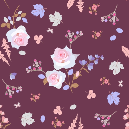 Seamless natural pattern with little bitterflies and bouquets of garden flowers isolated on brown background. Ditsy floral print for fabric with buds of spirea,leaves of clover, dandelion,  viburnum.のイラスト素材
