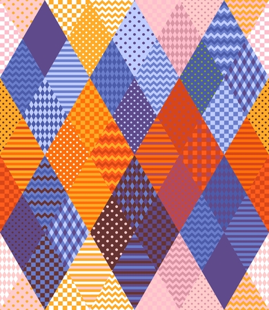 Bright patchwork pattern from different rhombus patches with geometric ornament. Seamless vector illustration.のイラスト素材