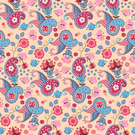 Paisley indian motif. Beautiful seamless pattern with fantasy flowers and butterlies, branches and leaves in folk style. Print for fabric.のイラスト素材