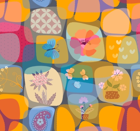 Funny seamless patchwork pattern with transparent patches in kid style. Vector summer design.のイラスト素材