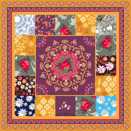 Square patchwork pattern with mandala, rose, daisy, cosmos flowers and paisley border in vector. Ethnic motives. Boho style.のイラスト素材