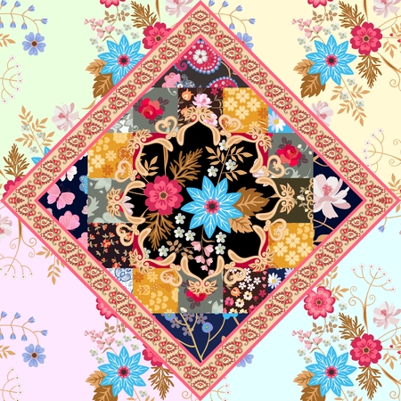 Seamless patchwork pattern with stylized mandala, leaves, flowers, butterflies and paisley border in ethnic style. Vector summer background. Indian, indonesian motives.のイラスト素材