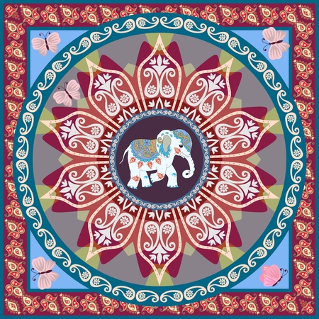 Beautiful square blanket in ethnic style with mandala flower, funny elephant and paisley border in vector. Indian, thai motives. Ethnic style.のイラスト素材