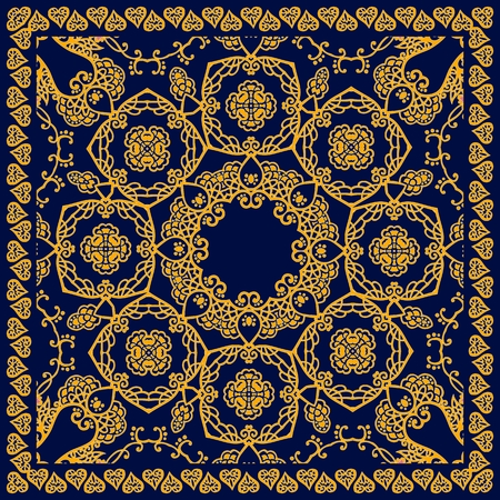 Ornamental pattern in oriental style. Beautiful bandana print in vector. Square carpet.のイラスト素材