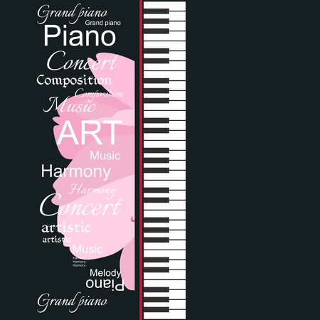 Musical banner with piano keyboard, abstract text and gentle pink petals of cosmos flower on black background.のイラスト素材