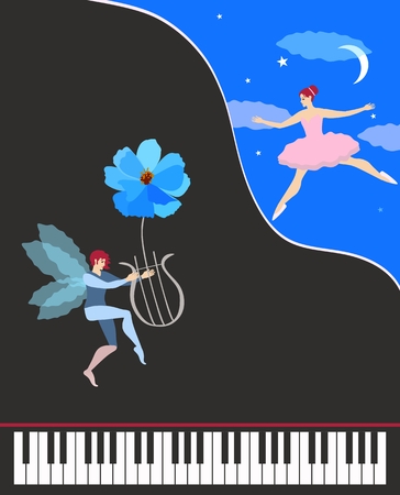 Beautiful music card or poster. Black concert grand piano, cute winged dancing fairy in pink tutu and elf with flower - lyre. Starry night, the moon and translucent clouds on dark blue sky. Vector.のイラスト素材