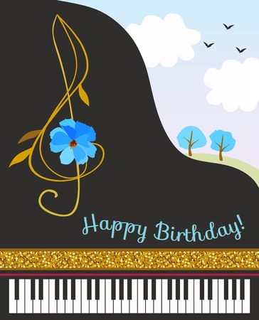 Black concert grand piano, treble clef in shape of cosmos flower, golden ribbon and spring landscape. Happy birthday greeting card.のイラスト素材