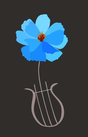 Lyre in shape of blue cosmos flower isolated on black background in vector. Vertical card, poster, musical logo in vintage style.のイラスト素材