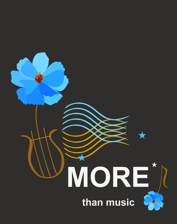 Template for musical banner with lyre in shape of blue cosmos flower and waves ornament symbolizing musical staff isolated on black background in vector.のイラスト素材